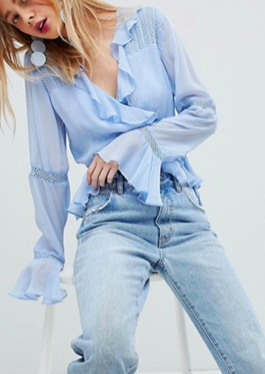 ASOS DESIGN wrap top with ruffle and lace Insert in blue