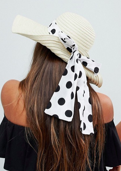 ASOS Straw Floppy Hat with Polka Dot Bow Detail and Size Adjuster