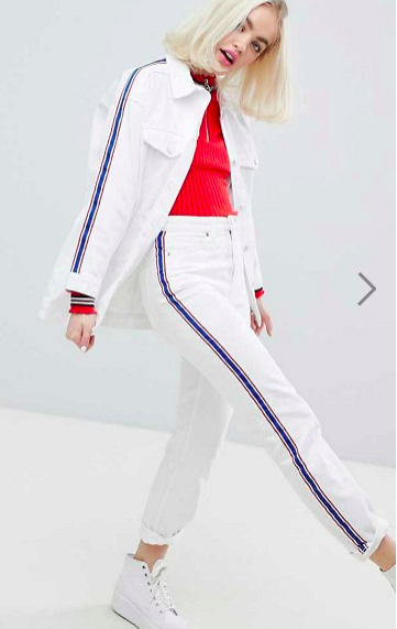 Monki Side Stripe White Denim Jacket & Jeans Two-Piece