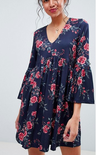 ASOS Smock Dress With V Neck and Trumpet Sleeve In Rose Print