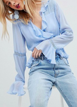 ASOS DESIGN wrap top with ruffle and lace Insert in blue
