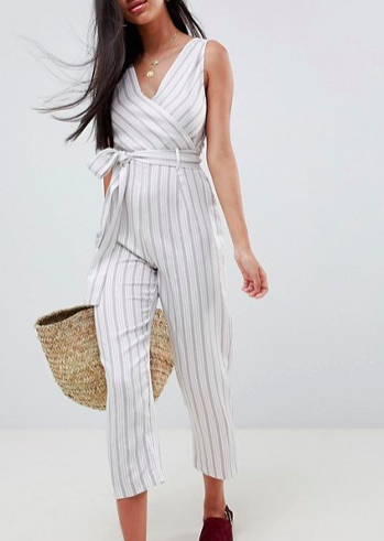 ASOS DESIGN cami jumpsuit with tie waist in linen stripe