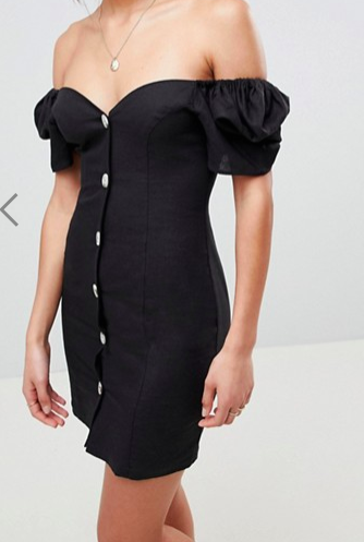 ASOS DESIGN linen off shoulder mini dress with tortoiseshell buttons
