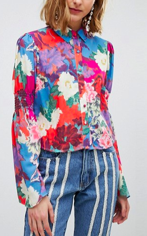 Lost Ink Shirt In Floral With Shirred Bell Sleeve