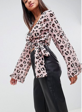 ASOS DESIGN Wrap Blouse With Kimono Sleeve In Animal Print