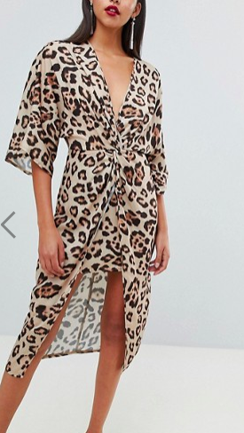 ASOS DESIGN satin kimono midi dress in leopard print