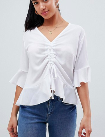 Boohoo Petite ruched ruffle sleeve top