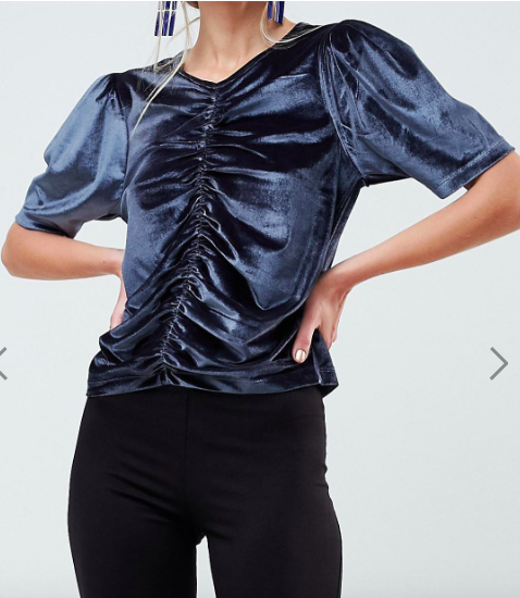 ASOS T-Shirt in Velvet with Ruching and Puff Sleeve