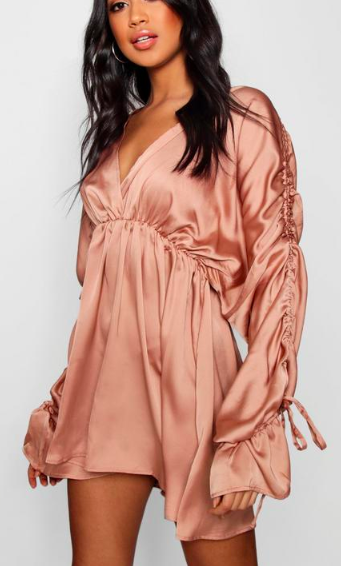 Boohoo Boutique Satin Ruched Sleeve Skater Dress