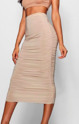 Boohoo Tall Ruched Slinky Midi Skirt