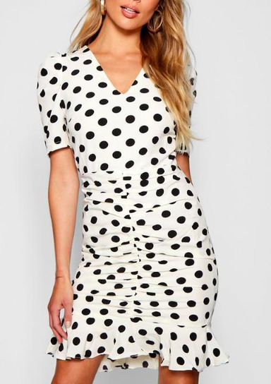 Boohoo Polka Dot Ruched Front Woven Tea Dress