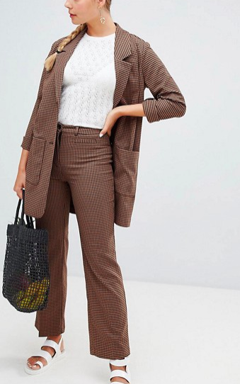 Monki longline blazer & wide leg pants in brown check print two-piece