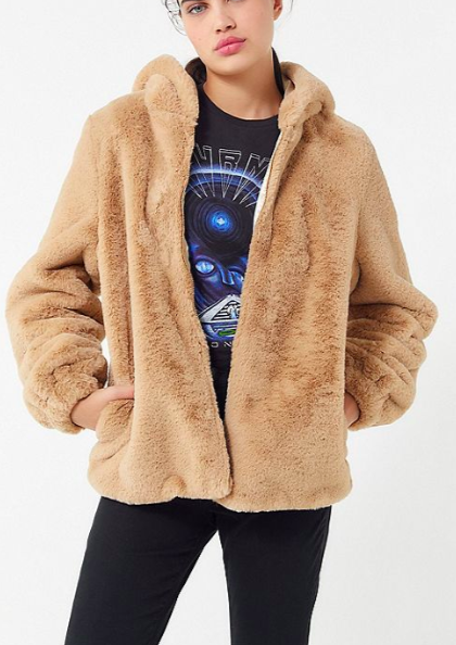 UO Faux Fur Hooded Zip-Front Jacket