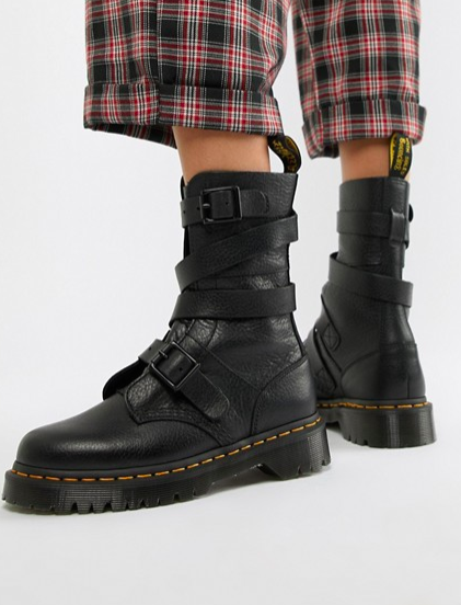 Dr Martens Bevan Black Leather Strappy Flat Ankle Boots