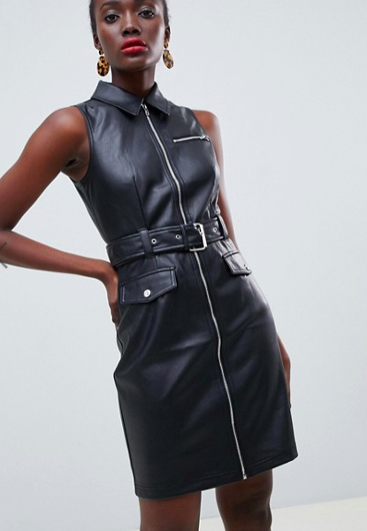 Warehouse faux leather belted mini dress in black