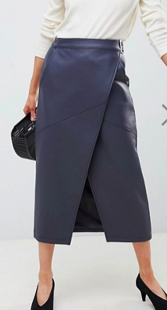 ASOS DESIGN leather look wrap midi skirt with buckle belt
