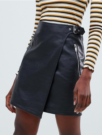 Warehouse faux leather a-line wrap mini skirt in black