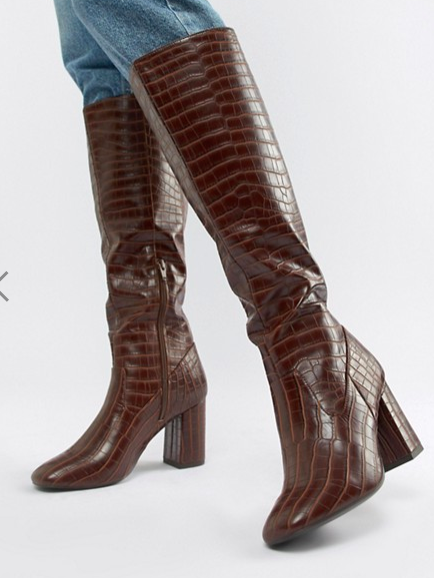 New Look Square Toe High Leg Croc Heeled Boot