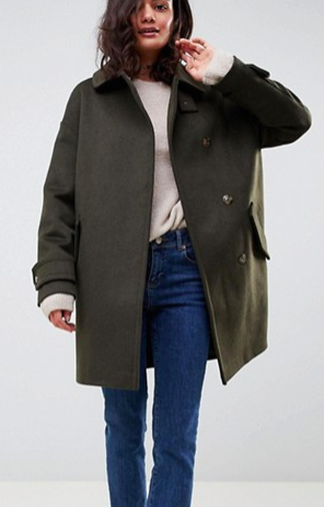 ASOS DESIGN coat in twill with buckle neck