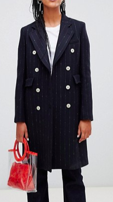 Mango pinstripe button front tailored coat in black