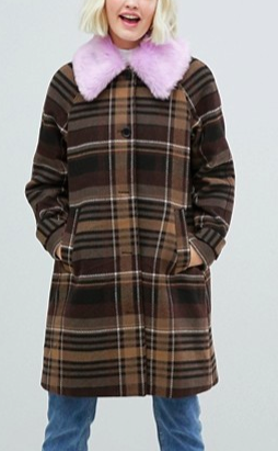 Monki check coat with faux fur collar in brown