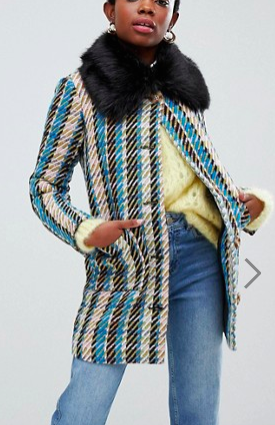Glamorous Petite coat with faux fur collar in metallic flecked tweed