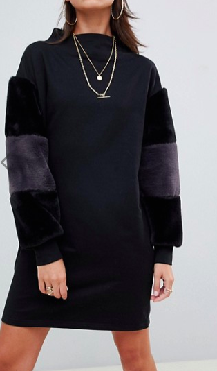 ASOS DESIGN funnel neck sweat dress with faux fur sleeves