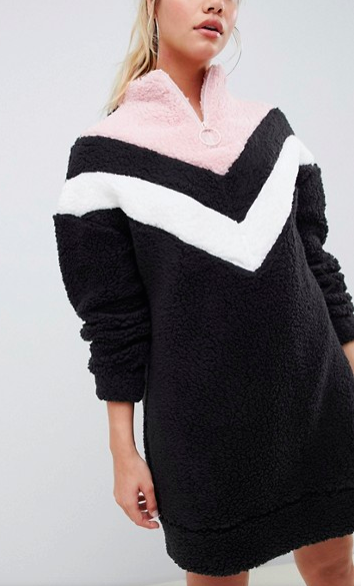 ASOS DESIGN chevron borg sweater dress with zip funnel neck