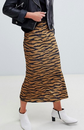 ASOS DESIGN midi skirt with kickflare in tiger print