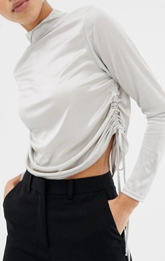 Missguided ruched side long sleeve crop top in silver