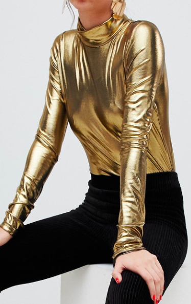 Monki roll neck jersey top in gold