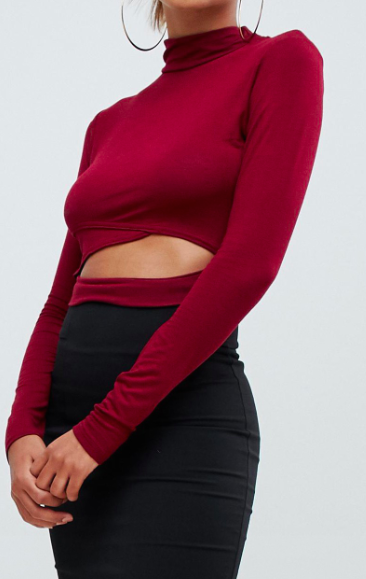 PrettyLittleThing cut out roll neck top in burgundy