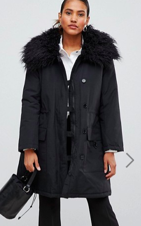 French Connection Utility Parka Coat with Fur Neck