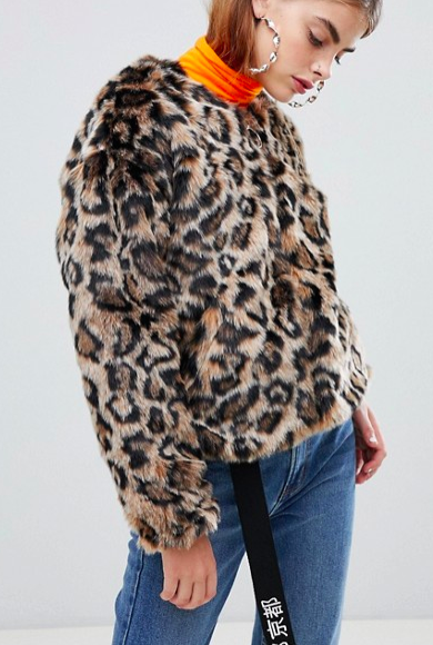 Bershka faux fur leopard jacket in multi