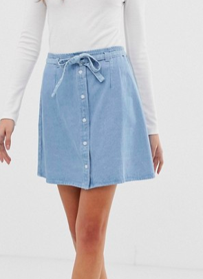 ASOS DESIGN denim button through mini skirt with skinny belt in pretty blue