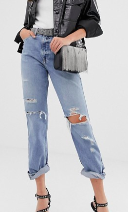 River Island mom jeans with ripped detail in mid wash