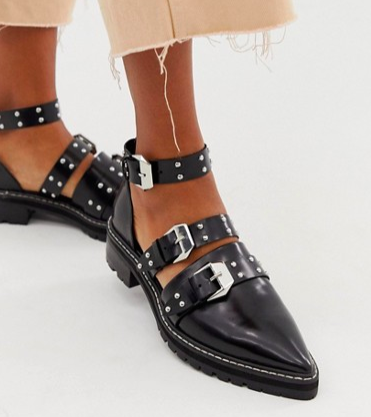 ASOS DESIGN Mile End premium studded pointed leather flat shoes