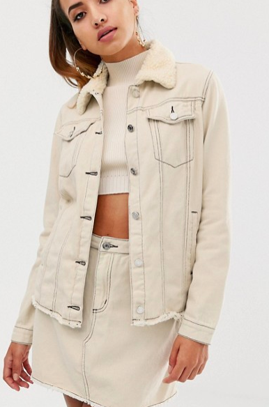 Missguided two-piece denim jacket with fleece collar and contrast stitch in ecru