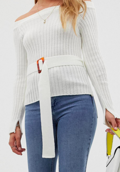 ASOS DESIGN off shoulder rib knit sweater with belt detail
