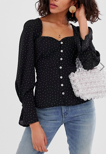 ASOS DESIGN long sleeve sweetheart neck top with button through