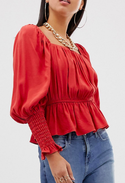 ASOS DESIGN long sleeve square neck top with shirred sleeve detail