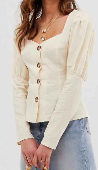 ASOS DESIGN long sleeve sweetheart neck top in linen mix with contrast buttons