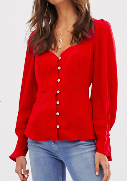 ASOS DESIGN long sleeve sweetheart neck top with button through