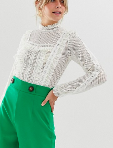 Miss Selfridge blouse with frill neck in white lace