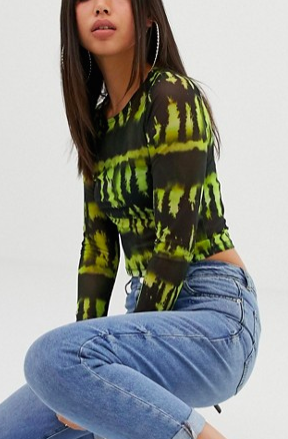 ASOS DESIGN long sleeve mesh top in green neon tie dye