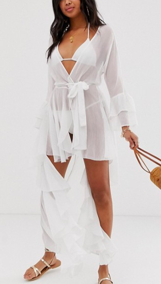 ASOS DESIGN glam ruffle front beach kimono in white with frill sleeve