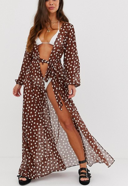 ASOS DESIGN long sleeve wrap tie chiffon maxi beach kimono in brown polka dot