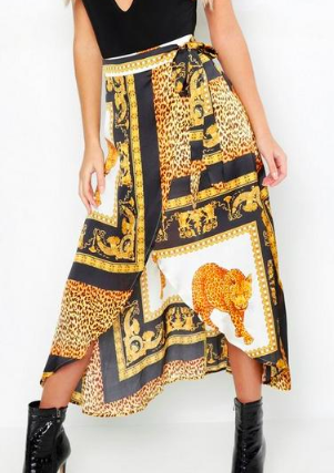 Boohoo Chain Scarf satin Print Wrap Midaxi Skirt
