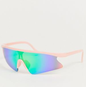 ASOS DESIGN pink wrap half frame visor sunglasses with blue flash lens