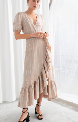 Stories Ruffled Linen Wrap Midi Dress
